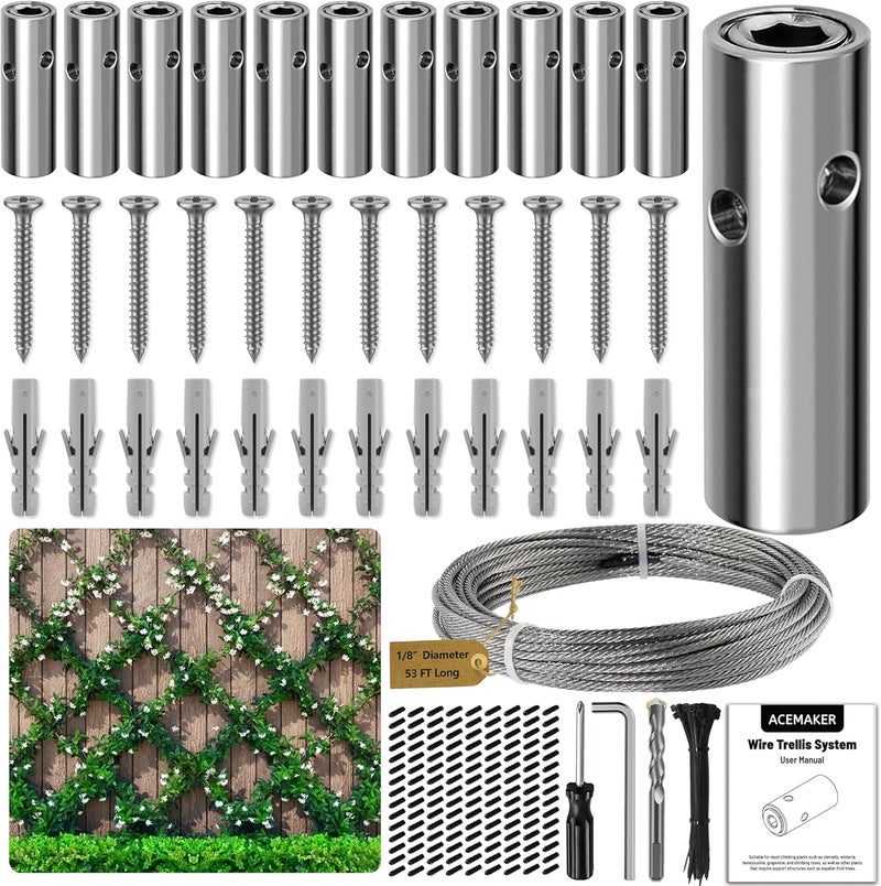 Acemaker Wire Trellis for Climbing Plants Outdoor, 12-Set Wall Wire Trellis Kit with 1/8in x 53ft Stainless Steel Cable, T316 Cylindrical Espalier System for Fence and Garden DIY Projects - Image 1